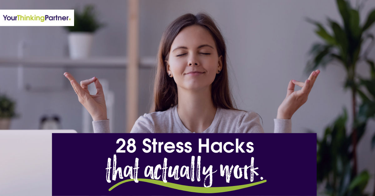 Calm woman with eyes closed, hands near shoulders with thumbs and forefingers touching, feeling zen having adopted Jo Maughan's 28 stress hacks that actually work